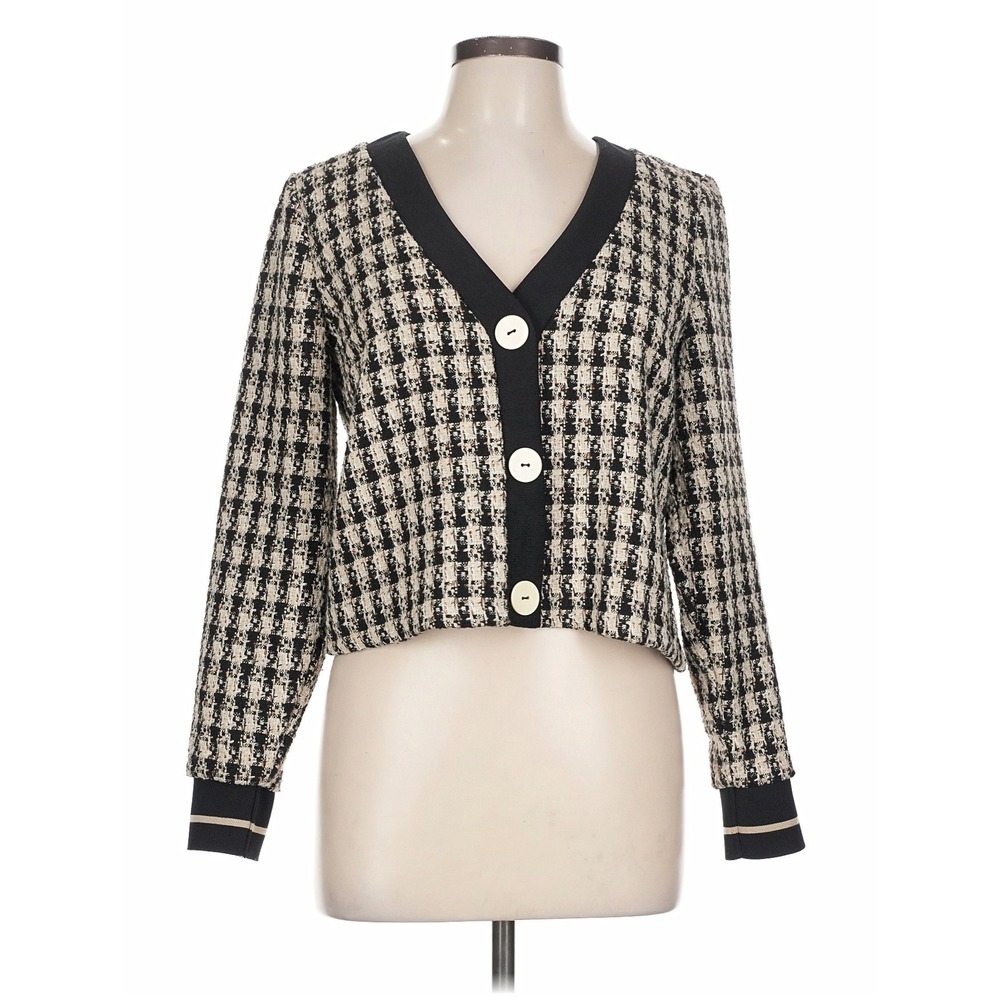 Dex Womens Houndstooth Cropped Tweed Cardigan V-Neck Button Front Black Ivory L